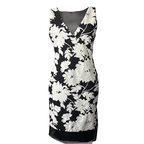 Cache Women’s Black & White Floral Sheath Cocktail Dress W/ Fish Net Design Sz 6 - Picture 1 of 10